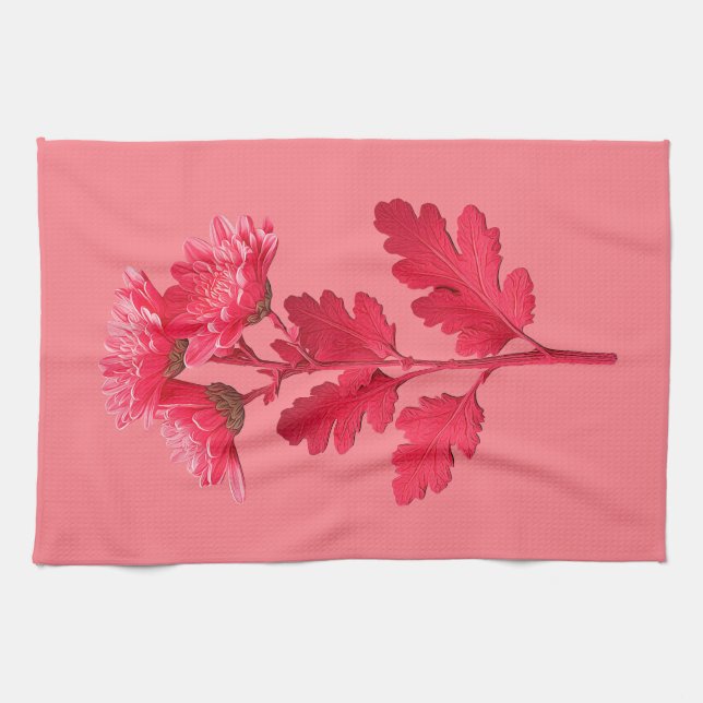 Elegant Pink Chrysanthemum Tea Towel (Horizontal)