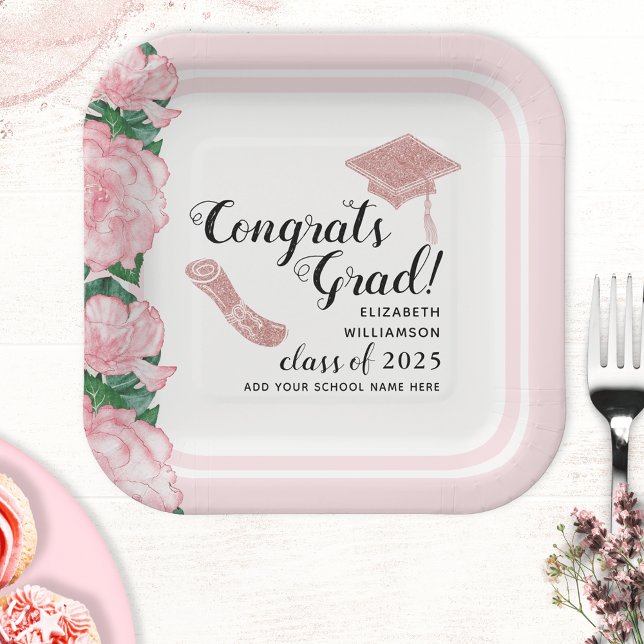 Elegant Pink Class 2025 Congrats Grad Graduation Paper Plate (Creator Uploaded)