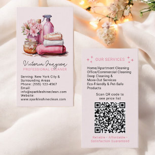 Elegant Pink Cleaning Service Maid Qr Code Business Card