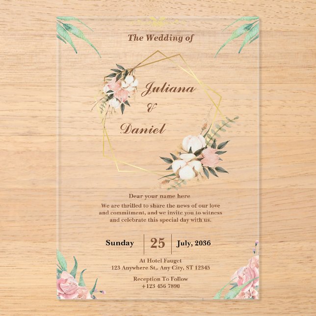 Elegant Pink Clear Acrylic Wedding Invitations (Front)