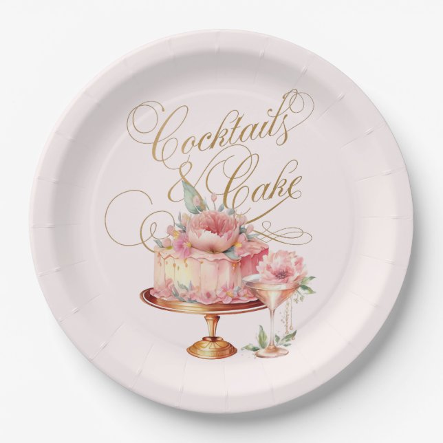 Elegant Pink Cocktails and Cake Bridal Shower Paper Plate (Front)