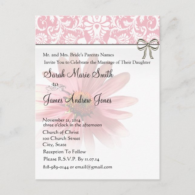 Elegant Pink ConeFlowerWedding Invitation Postcard (Front)