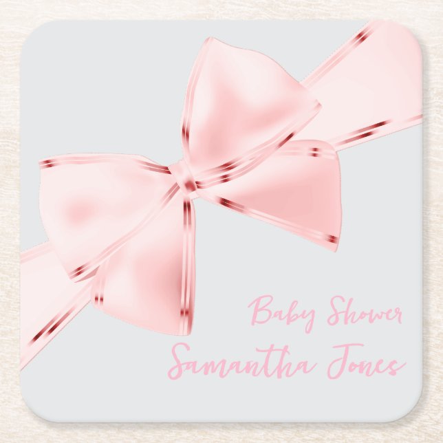 Elegant Pink Coquette Bow 22.9 cm Girl Baby Shower Square Paper Coaster (Front)