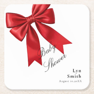 Elegant Pink Coquette Bow Baby Shower Girl  Square Paper Coaster