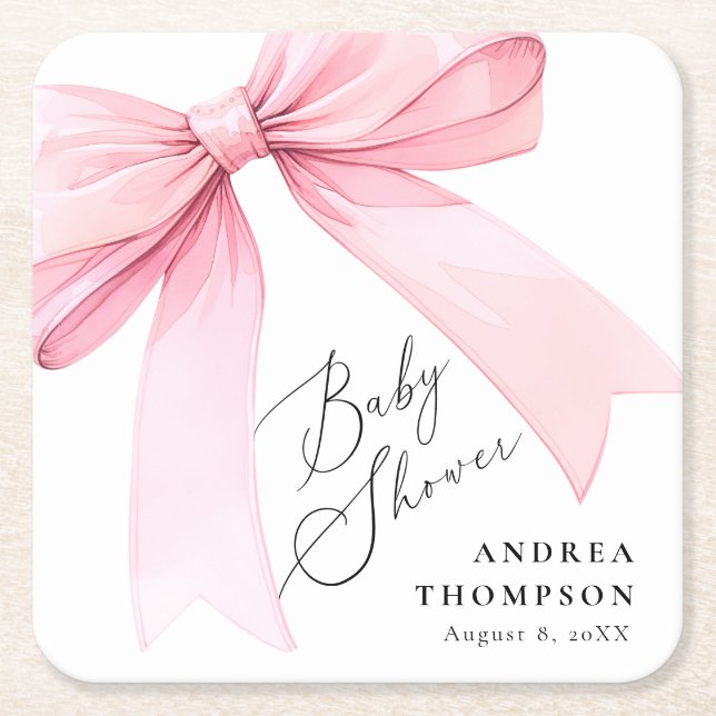 Elegant Pink Coquette Bow Baby Shower Girl Square Paper Coaster (Front)