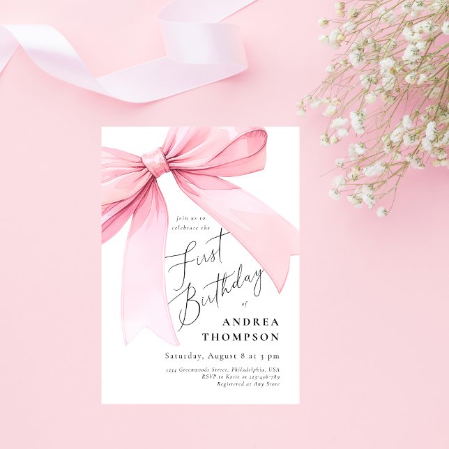 Elegant Pink Coquette Bow First BIrthday Girl Invitation (Creator Uploaded)