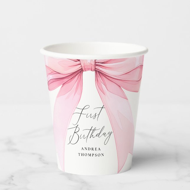 Elegant Pink Coquette Bow First Birthday Girl Paper Cups (Front)