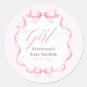 Elegant Pink Coquette Bow Floral Baby Shower Classic Round Sticker