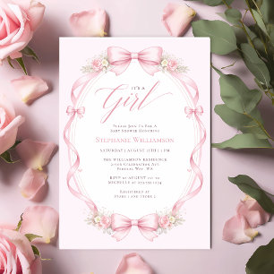 Elegant Pink Coquette Bow Floral Baby Shower Invitation