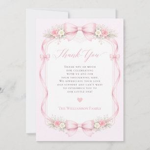 Elegant Pink Coquette Bow Floral Baby Shower Thank You Card