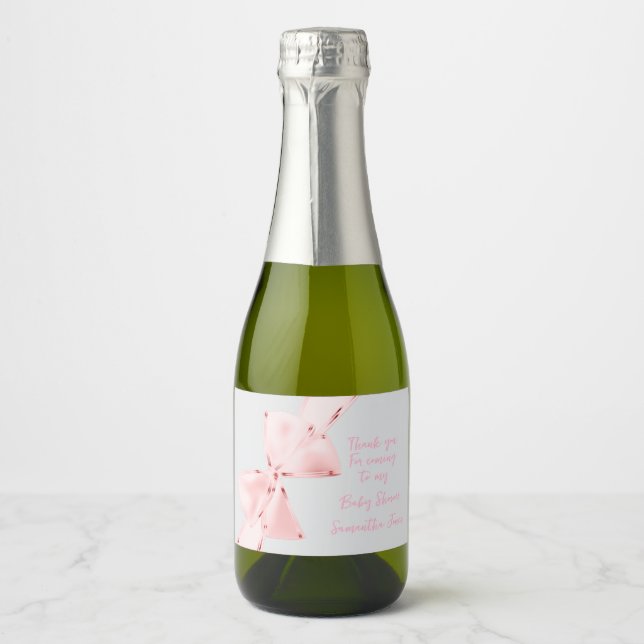 Elegant Pink Coquette Bow Girl Baby Shower Mini Sparkling Wine Label (Front)