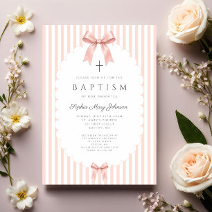 Elegant Pink Coquette Bow Girl Baptism Invitation