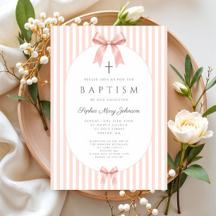 Elegant Pink Coquette Bow Girl Baptism Invitation