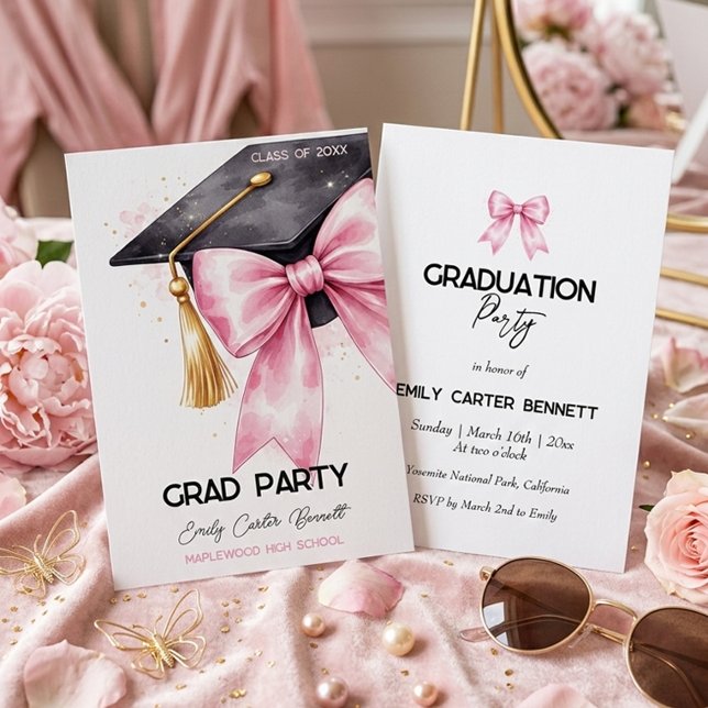 Elegant Pink Coquette Bow Graduation Hat Invitation (Creator Uploaded)