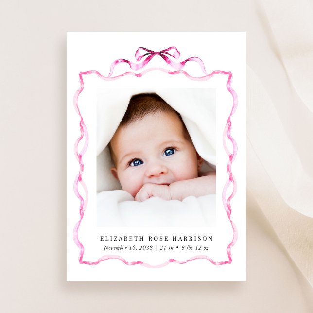 Elegant Pink Coquette Bow Photo Girl Birth Announcement (A beautiful and unique way to thank family and friends and introduce them to your precious baby girl)