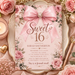 Elegant Pink Coquette Bow Sweet 16 Invitation