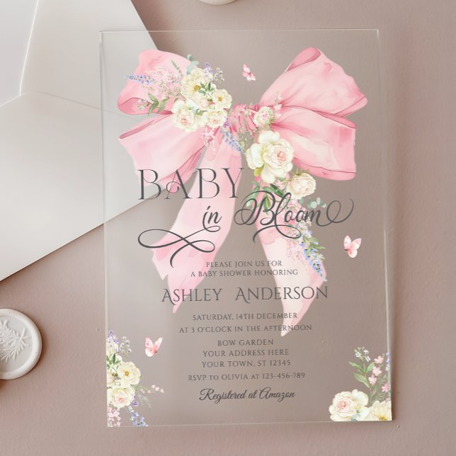 Elegant Pink Coquette Floral Bow Baby Shower  Acrylic Invitations (Creator Uploaded)