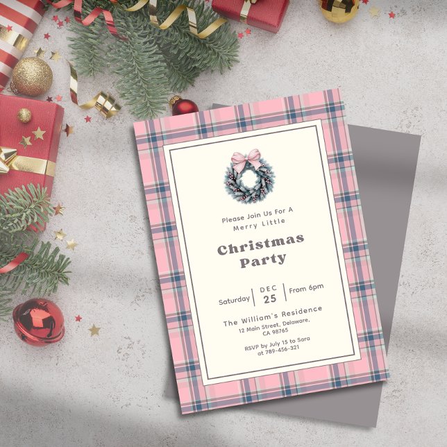 Elegant Pink Coquette Wreath Plaid Christmas Party Invitation (Elegant Pink Coquette Wreath Plaid Christmas Party Invitation)