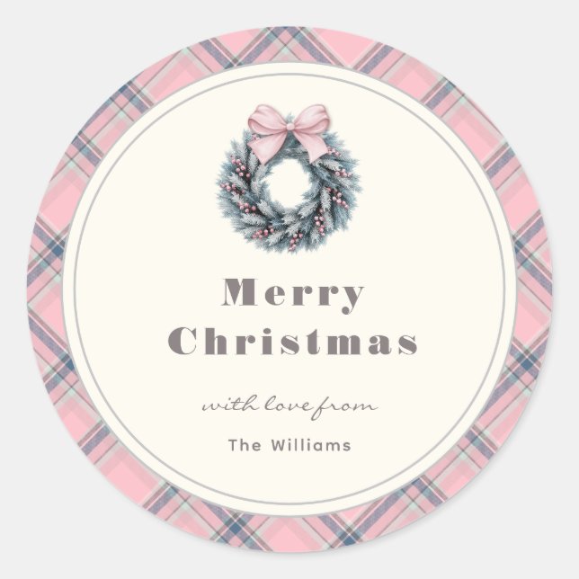 Elegant Pink Coquette Xmas Wreath Preppy Plaid Classic Round Sticker (Front)