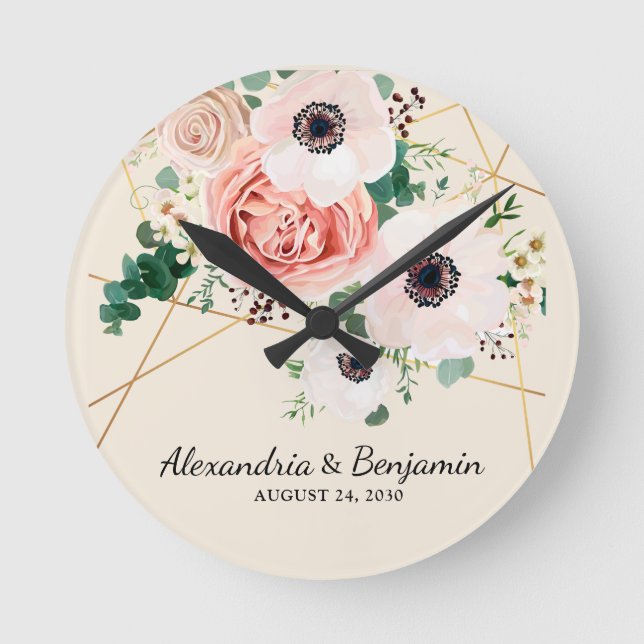 Elegant Pink Coral Blush Floral Botanical Custom Round Clock (Front)