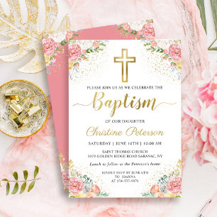 Elegant Pink Coral Floral Gold Glitter Baptism Invitation