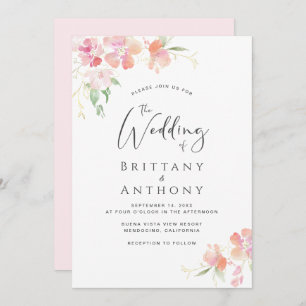 Elegant Pink Coral Floral Watercolor Wedding Invitation