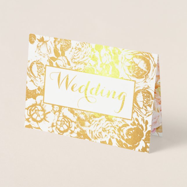 Elegant Pink, Coral Gold Foil Rose Wedding Card (Front)