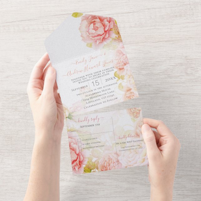 Elegant Pink Coral Secret Rose Garden Wedding All In One Invitation (Tearaway)