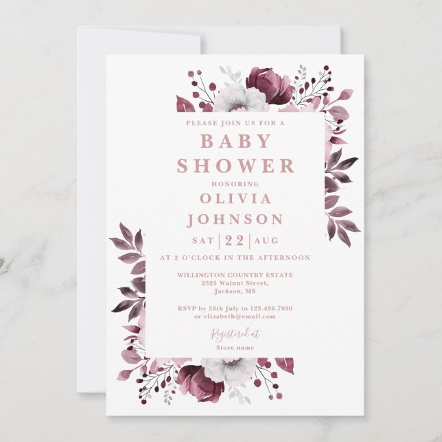 Elegant Pink Country Floral All In One Baby Shower Invitation (Front)