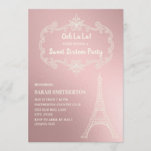 Elegant Pink Cream Eiffel Tower White Sweet 16 Invitation