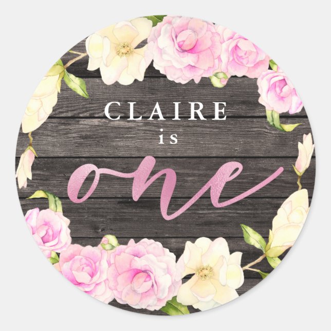 Elegant Pink Cream Floral 1st Birthday Party Favou Classic Round Sticker (Front)