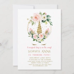 Elegant Pink Cream Flowers Gold Unicorn Birthday Invitation