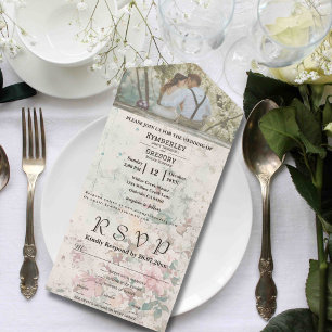 Elegant Pink Cream Watercolor Floral Couple Photo All In One Invitation
