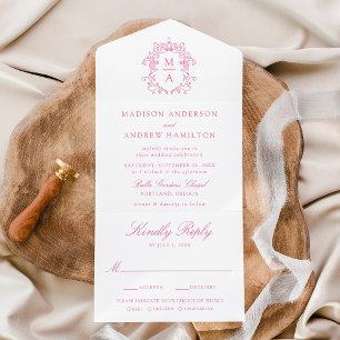 Elegant Pink Crest Chinoiserie Monogram Wedding All In One Invitation