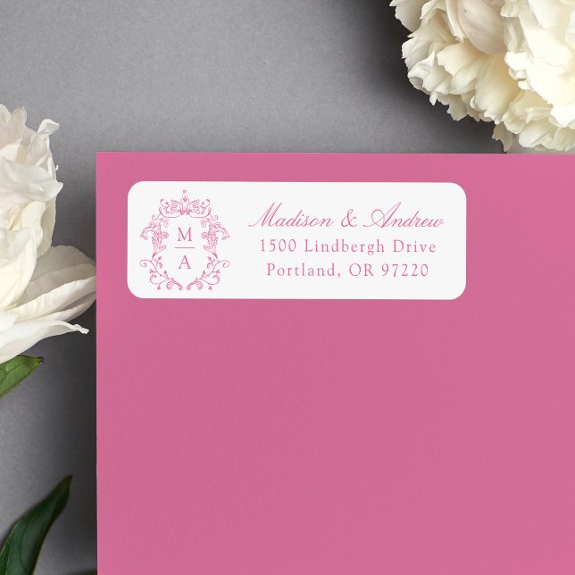 Elegant Pink Crest Monogram Wedding Return Address (Creator Uploaded)