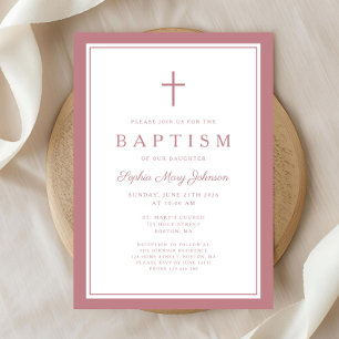 Elegant Pink Cross Baby Girl Baptism Invitation