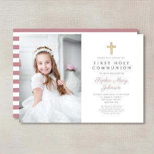 Elegant Pink Cross Girl First Communion Photo Invitation