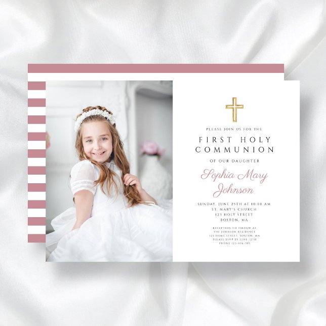 Elegant Pink Cross Girl First Communion Photo Invitation (Pink Cross Girl First Communion Photo Invitation)