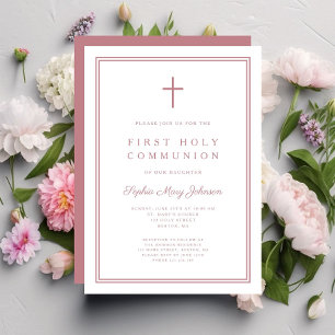 Elegant Pink Cross Girl First Holy Communion Invitation