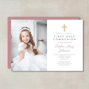 Elegant Pink Cross Girl  Photo First Communion Invitation
