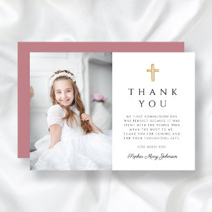 Elegant Pink Cross Girl Photo First Communion  Thank You Card