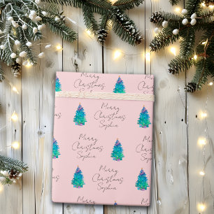 Elegant Pink Custom Merry Christmas Tree Wra Wrapping Paper