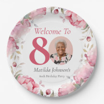 Elegant Pink Custom Photo Floral 80th Birthday