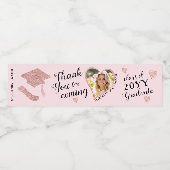 Elegant Pink Custom Photo Graduation Thank You Water Bottle Label (Single Label)