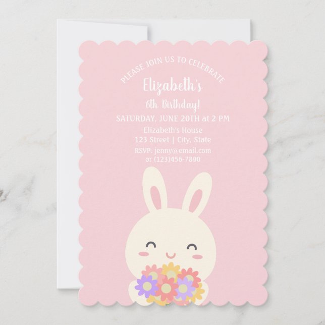Elegant Pink Cute Bunny & Flowers Girl Birthday Invitation (Front)