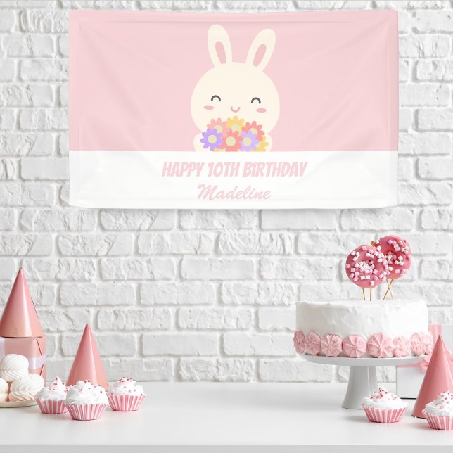 Elegant Pink Cute Rabbit & Flowers Girl Birthday Banner (Creator Uploaded)
