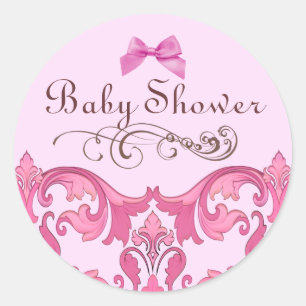 Elegant Pink Damask Baby Shower Envelope Sticker