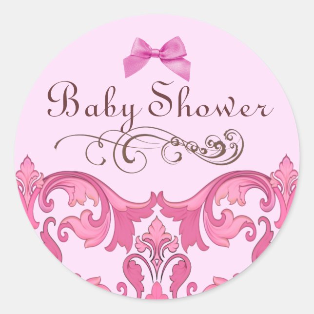 Elegant Pink Damask Baby Shower Envelope Sticker (Front)