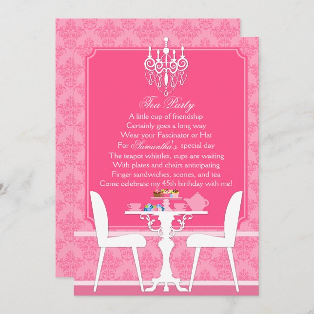 Elegant Pink Damask Birthday Tea Party Invitation (Front/Back)