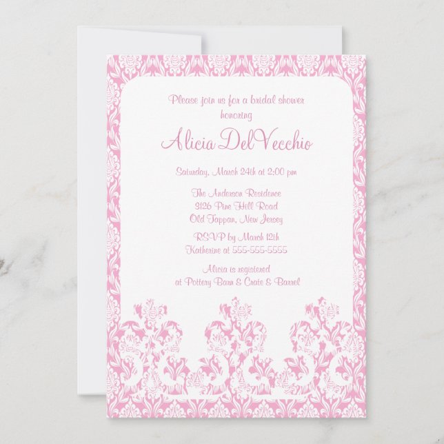 Elegant Pink Damask Bridal Shower Invitation (Front)